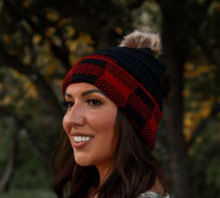 Load image into Gallery viewer, Red Plaid Pom Beanie
